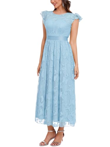Image of Women's Casual Tulle Midi Dress Ruffle Sleeve Crewneck Lace Flowy Dresses Party Wedding Guest Sundress
