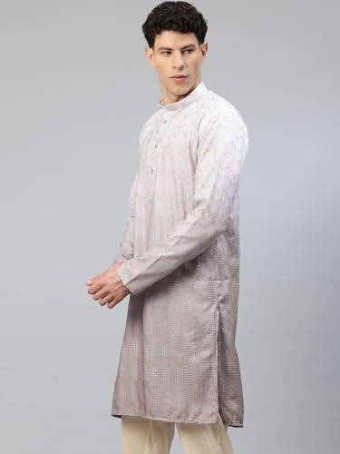 Image of Luxrio Men's Ombre Shaded Sequence Self Embroidered Textured Long Kurta Full Sleeves - Casual Ethnic Wear