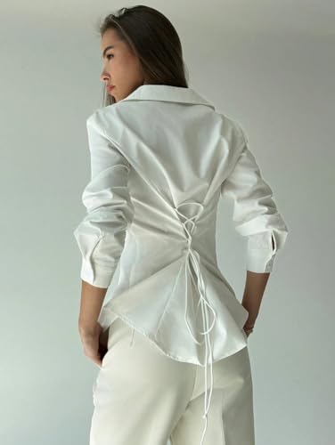 Image of OOMPH! Women Solid Cotton Shirt with Back Tie-Up Detail | Corset Style | Cinched Waist Shirt | Cotton Formal Shirt