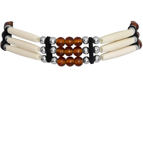 outROAR Gear Native Style Bone Choker Necklace- Three Row American Indian Inspired Regalia - Brown/Beige