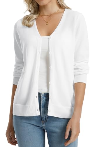 Image of QUALFORT Women's 100% Cotton Lightweight Cardigans Long Sleeve Knitted Button Down Sweater