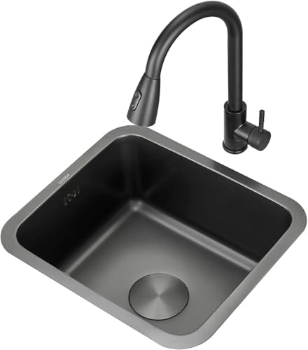 Fregadero integrado de barra negra, pequeño fregadero de cocina, grifo extraíble negro, accesorios completos (tamaño: 40 x 38 cm)