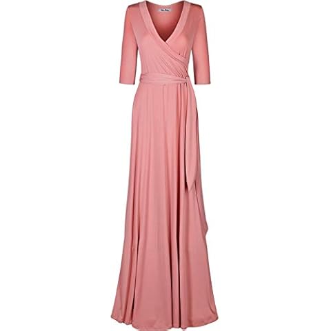 Bon Rosy Women's 3/4 Sleeve Deep V-Neck Maxi Faux Wrap Solid Dress f7bd Blush XL Cover