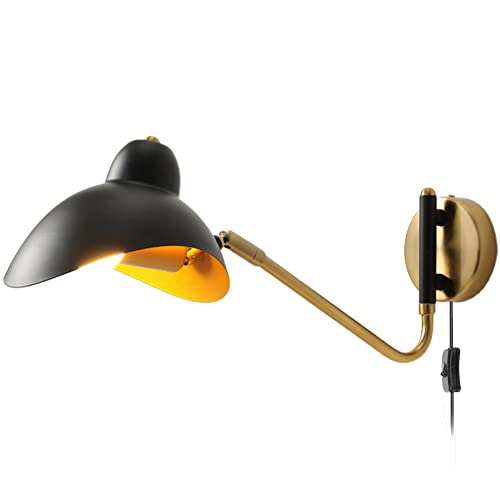 Lámpara de pared E27 vintage negra con brazo largo ajustable y enchufe para dormitorio
