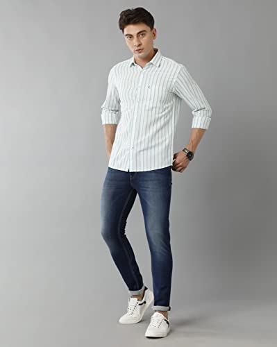 Image of Cavallo by Linen Club Men's Cotton Linen Green Striped Slim Fit Full Sleeve Casual Shirt