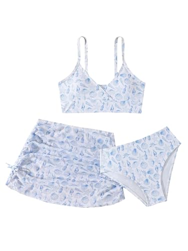 Image of COZYEASE Girls' 3 Piece Set Floral Print Bikini Swimsuit with Drawstring Beach Skirt Cute Ruched Bathing Suit