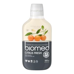 BIOMED Citrus Fresh Verzorgende mondspoeling tegen slechte adem – fluoridevrij en 98% natuurlijk mondwater in een verpakking van 500 ml