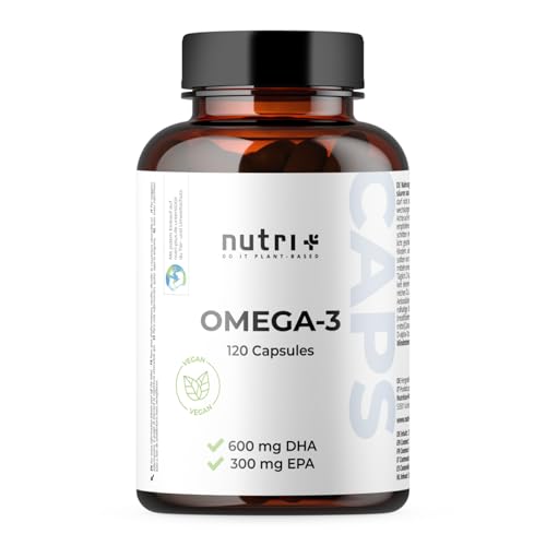 Nutri + Vegan Omega 3-120 Kapseln aus Algenöl - 2000 mg Algen Öl hochdosiert mit 600 mg DHA 300 mg EPA - hochwertig, natürlich und laborgeprüft