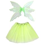 Wildarms Déguisement de fée avec ailes et jupe tutu à 6 couches pour adultes et adolescents   Ensemble d'Halloween avec ailes 3D et jupe (Vert)