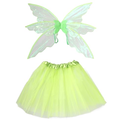 Wildarms Disfraz de Hada con Alas y Falda Tutú de 6 Capas para Adultos y Adolescentes – Conjunto de Halloween con Alas 3D, Cosplay Fantasía (Verde)