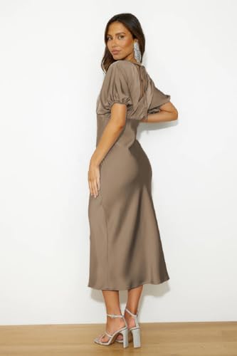 Image of Summer Satin V Neck Puffy Sleeves Empire Waist Midi Dresser Silk Sexy Tie Back Formal Cocktail Dresser for Women Wedding