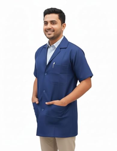 Image of Engineering Lab Apron for Engineering students | Unisex Navy Blue Lab Coat | Short Sleeves | 3 Pockets Apron Lab | Made for Engineering students /Industrial use