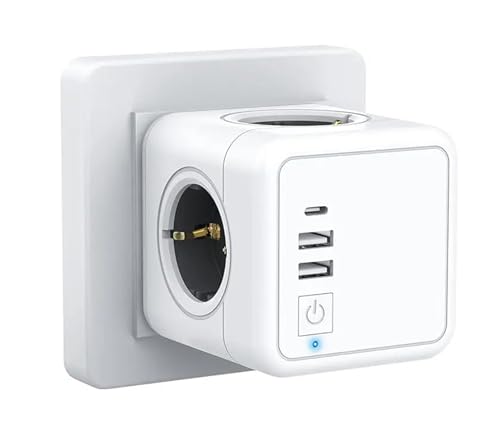 Katalia Cubo Enchufe Multiple USB 7 en 1, Regleta Ladron Enchufes Multiple (4000W/16A) con 4 Tomas CA, 2 USB A, 1 USB C e Interruptor, Cargador para Casa, Oficina, Viaje, Blanco