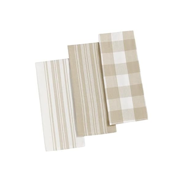 Elrene Home Fashions Farmhouse Living Stripe and Check Kitchen Towels, Set of 3, 17" x 28", Tan/White 3