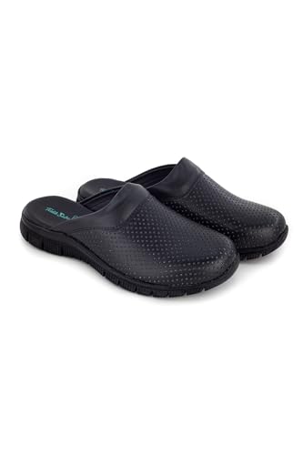 Terlik Sabo ComfortFlex ST152 Zuecos de Cuero Mules Zapatillas Zapatos Sabot, Mujer, Negro, EU 38