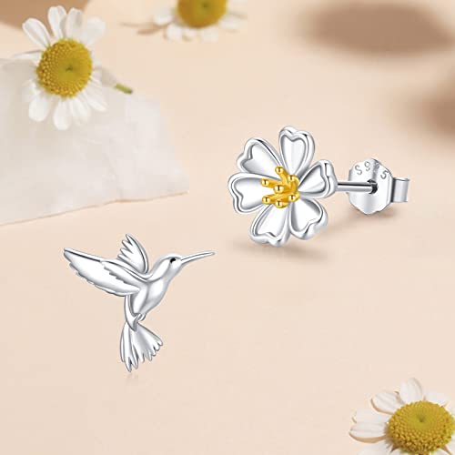 Hummingbird Daisy Earrings Hypoallergenic 925 Sterling Silver Animal Bird Asymmetrical Stud Earrings Hummingbird Daisy Jewelry Gift For Women Girls #TOP5