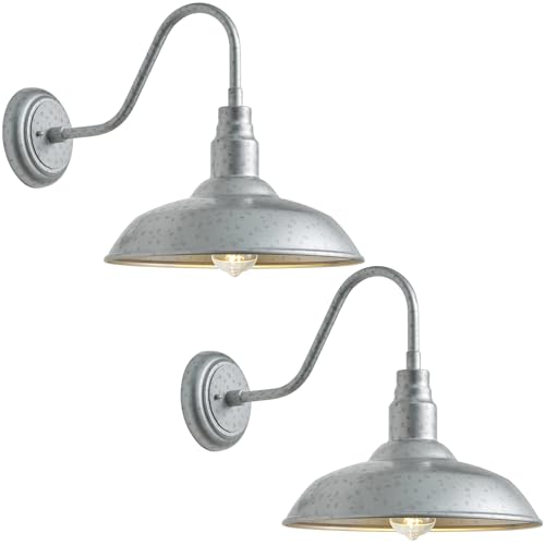 Image of 14 Inch Barn Farmhouse Outdoor Light Fixture, 2 Pack Exterior Gooseneck Lights with Galvanized Steel Finish, Outside Wall Sconce with Wall Mount for House, Porch, Patio