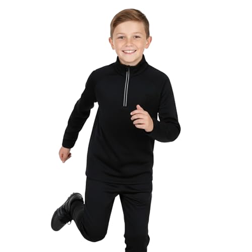 Image of Athletic Sportswear Boys Football Track Jacket - Kids 1/4 Zip Fleece Lined Training Top - Black Reflective Sports Midlayer for School PE & Soccer (11-12 Years)