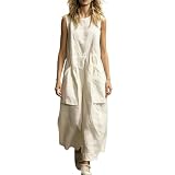 Vestido Largo y Holgado de Verano para Mujer, Estilo Casual, sin Mangas y con Bolsillos; Mezcla de algodón y Lino (White,S)