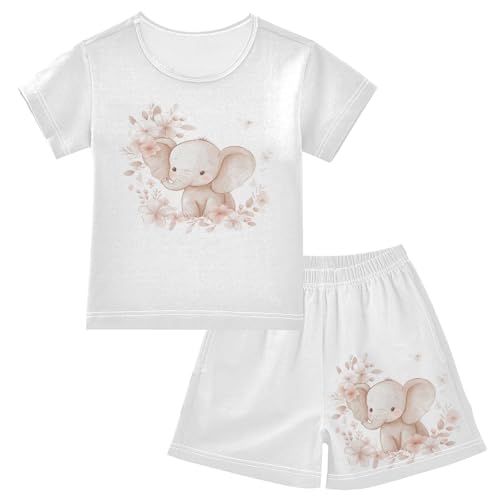Floral Elephant Beige Pajama Set Short Sleeve PJS 2 Piece Summer Pajamas Shorts Sets Cotton 5Y