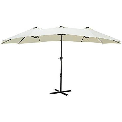 Leisurelife 15' Double Sided Patio Umbrella for Outdoor with Solar Lights, Extra Large, Crank, Rice White Cover