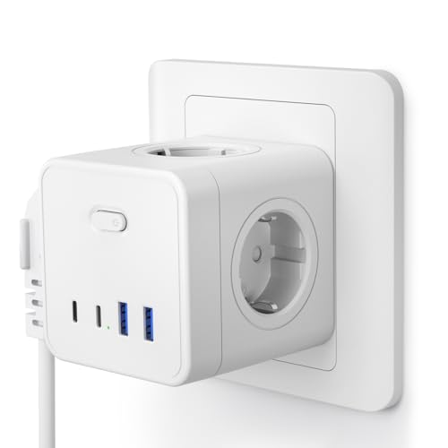 Ladron Enchufes Cubo, Ladrones para Enchufes USB C con 4 Tomas 2 USB c y 2 USB A, Enchufe Multiple Pared con Interruptor, Cargador USB para Oficina, Cocina y Habitación, Blanco