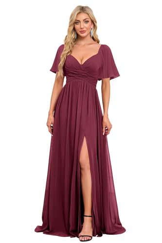 Image of Women's Flutter Sleeves Chiffon Bridesmaid Dresses with Slit Long A Line V-Neck Formal Party Dress with Pockets