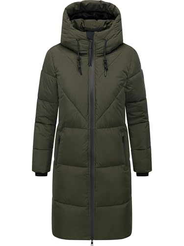 Navahoo Damen Langer Wintermantel warmer Steppmantel mit großer Kapuze und Fleece-gefütterten Kragen Kältekuschel XIV Dark Olive Gr. XL