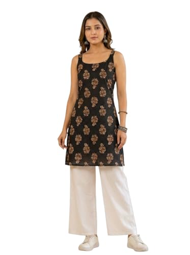 Image of Women's Black Ethnic Printed Kurti | Sleeveless Straight Kurta | Soft 100% Cotton Daily