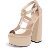 YODEKS Womens Chunky Platform Heels Peep Toe T-Strap Sandals Cross Buckle Strap Block High Heels Platform Shoes Wedding Dressy Party Wearing
