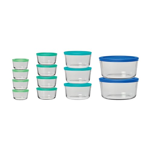 Anchor Hocking 26 Piece Glass Storage Containers with Lids (13 Glass Food Storage Containers & 13 Mixed Blue SnugFit Lids)