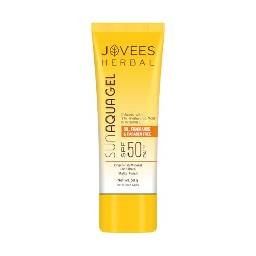 Image of Jovees Herbal Sun Aqua Gel Sunscreen SPF 50 PA+++ | Lightweight, Water-Like Texture | 1% Hyaluronic Acid | Non-Greasy, No White Cast | Perfect for Oily & Combination Skin | Sunscreen For Men /Women 50g