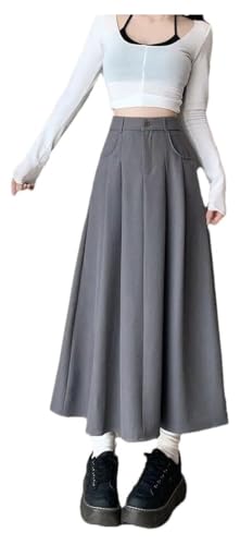 Women's Vintage Pleated Midi Skirt High Waist Solid A-Line Casual Skirt