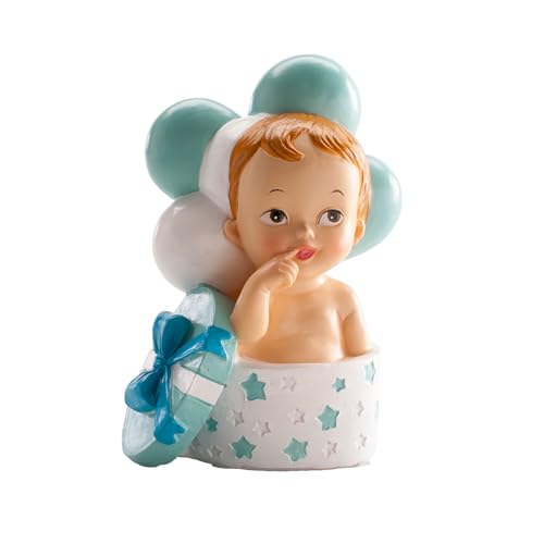 dekora - Figurine de Décoration de Baptême Garçon 10 cm - Bébé avec Cadeau et Ballons Cake Topper pour Gâteaux de Baptême, Baby Shower et Cérémonies