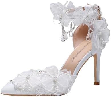 White Chiffon Butterfly Crystal Fringe Wrist Strap High Heel Shoes Lace Pearl Flower Pointed Toe Stiletto Women
