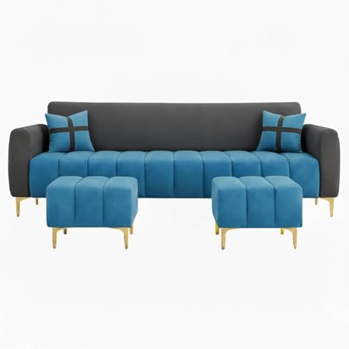 Image of Melody 3 Seater Modular L Shape Sofa Set with 2 Ottoman| Soft Velvet Upholstery, Sturdy Wooden Frame | Modern Sofa for Living Room, Hall & Office Spaces (Dark Grey-Teal Blue)