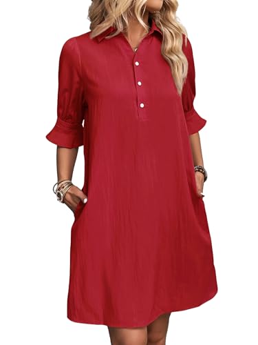 Image of FENSACE Womens Casual Shirt Dress Ruffle Sleeve Button Down Shift Summer Dresses with Pockets