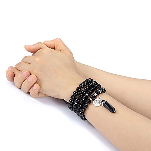 Jovivi 108 Mala Beads Bracelet 8mm Natural Black Obsidian Healing Crystal Stone Mala Prayer Bead Necklace Hexagonal Prism Gemstone Reiki Pointed Pendant for Yoga Meditation Energy Balancing - Thumbnail 6