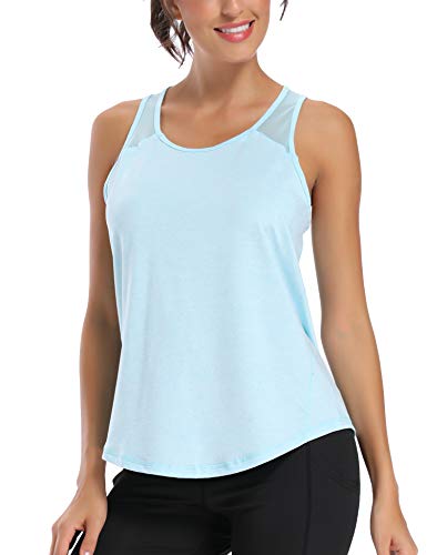 Aeuui Womens Workout Tops For Women Racerback Mesh Yoga Shirts Athletic Running Tank Tops Sleeveless Gym Clothes Light Blue #TOP1