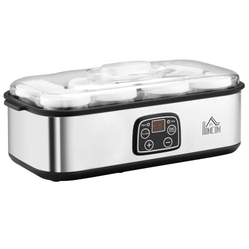 HOMCOM Yogurtera 25W Capacidad 1,44L con 8 Tarros de Cristal 180 ml Plata HOMCOM Yogurtera 25W Capacidad 1,44L con 8 Tarros de Cristal 180 ml Plata