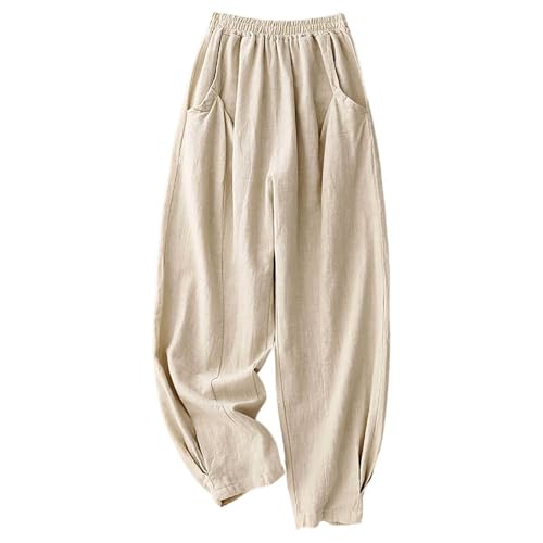 Pantalon en lin femme à jambes larges et taille élastique couleur unie