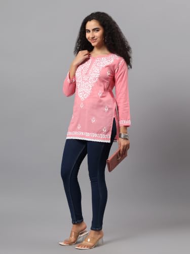 Image of Seva Chikan Hand Embroidered Lucknowi Chikankari Cotton Short Top Tunic for Women SCL9017