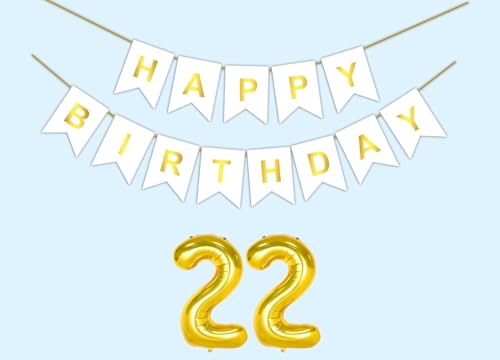 Image of 22nd Happy Birthday Decoration Kit White for 22 year Old Boys Girls Men Women with Number Twenty-two Party Decorations Decor Celebration Items Item Set Combo Reusable Paper Banner
