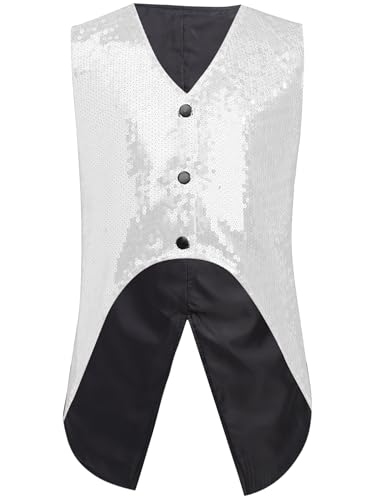 Kids Boys Sleeveless Sequin Tailcoat Vest Sparkly Waistcoat Shiny Dress Coat Jacket Suit Outerwear