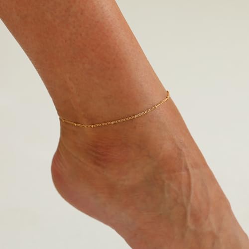 Image of NONAMOIS Ankle Bracelets for Women Dainty 18K Gold Plated Anklet Waterproof Round Beaded Paperclip Herringbone Pearl Chain Anklets Waterproof Beach Foot Jewelry