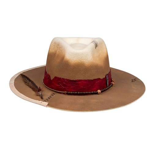 Image of RUEDIGER Vintage Wide Brim Fedora Hats 100% Wool Stiff Felt Hat Rancher Hat with Lightning Logo Handmade Distressed /Burned