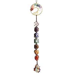 LERSUSI Tree of Life Chakra Stones Hanging Ornaments Car Rear View Mirrors Decor Healing Crystal Accessories for Home Decor Geomantic Omen 7 Chakra Meditation (Brown)