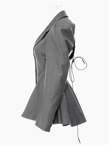 Women's Gray Backless Mesh Ruffled Blazer Lapel Long Sleeve Loose Jacket3
