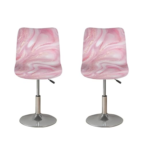 Image of Bar Stool Covers with Backs Dining Room Square Swivel Barstool Chair Seat Set of 2 Pink Marble Non-Slip Counter Height Chair Covers Home Decor