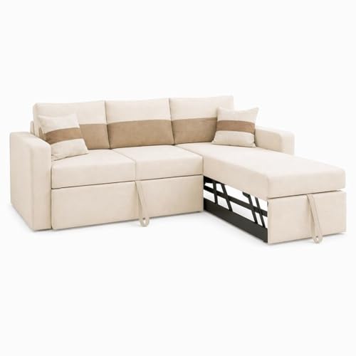 Image of FURNY Soria 4 Seater RHS Lounger Sofa Cum Bed (Cream-Beige) with Pull-Out Function | Luxury Velvet Suede Finish | Durable Comfort | Ideal for Living Room